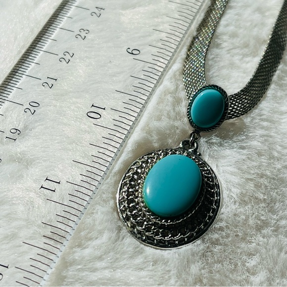 VTG | PARK LANE Silver Tone Mesh necklace with Faus Oval Turquoise 16-17” - Picture 4 of 9